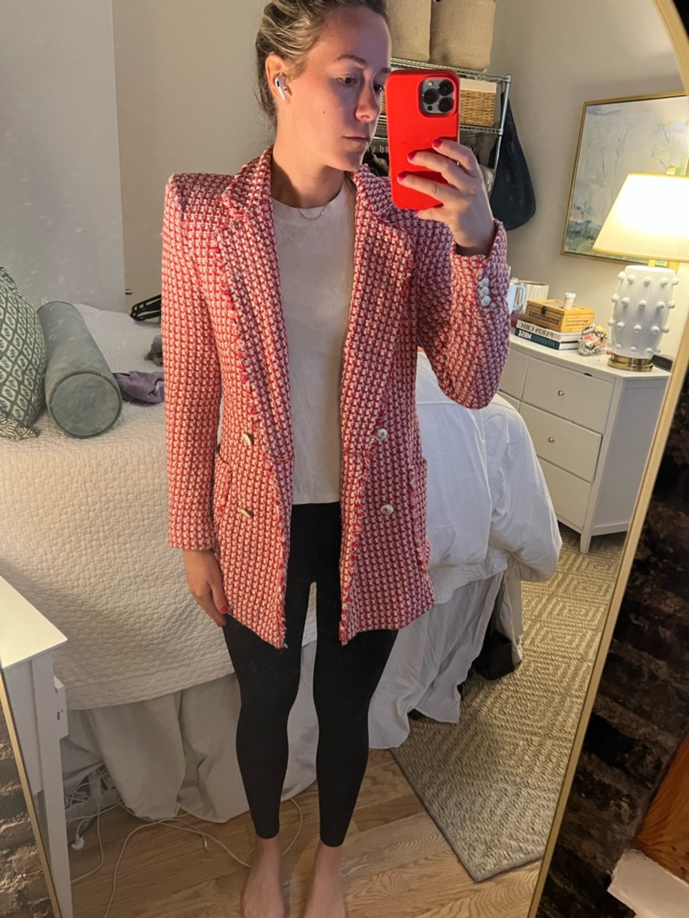 Zara Red Tweed Double-Breasted Blazer